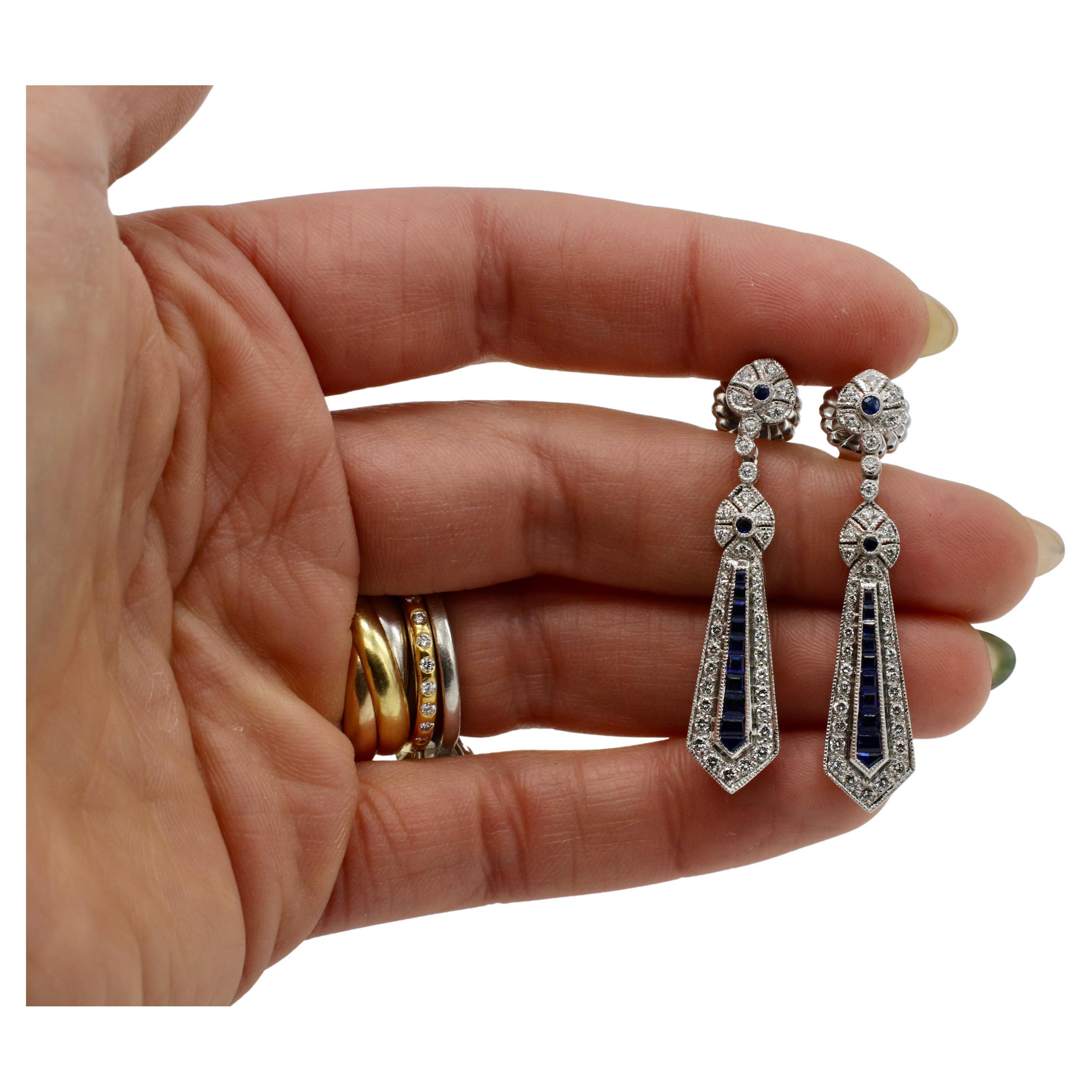Round Cut 18 Karat White Gold Natural Diamond & Blue Sapphire Dangle Drop Earrings For Sale