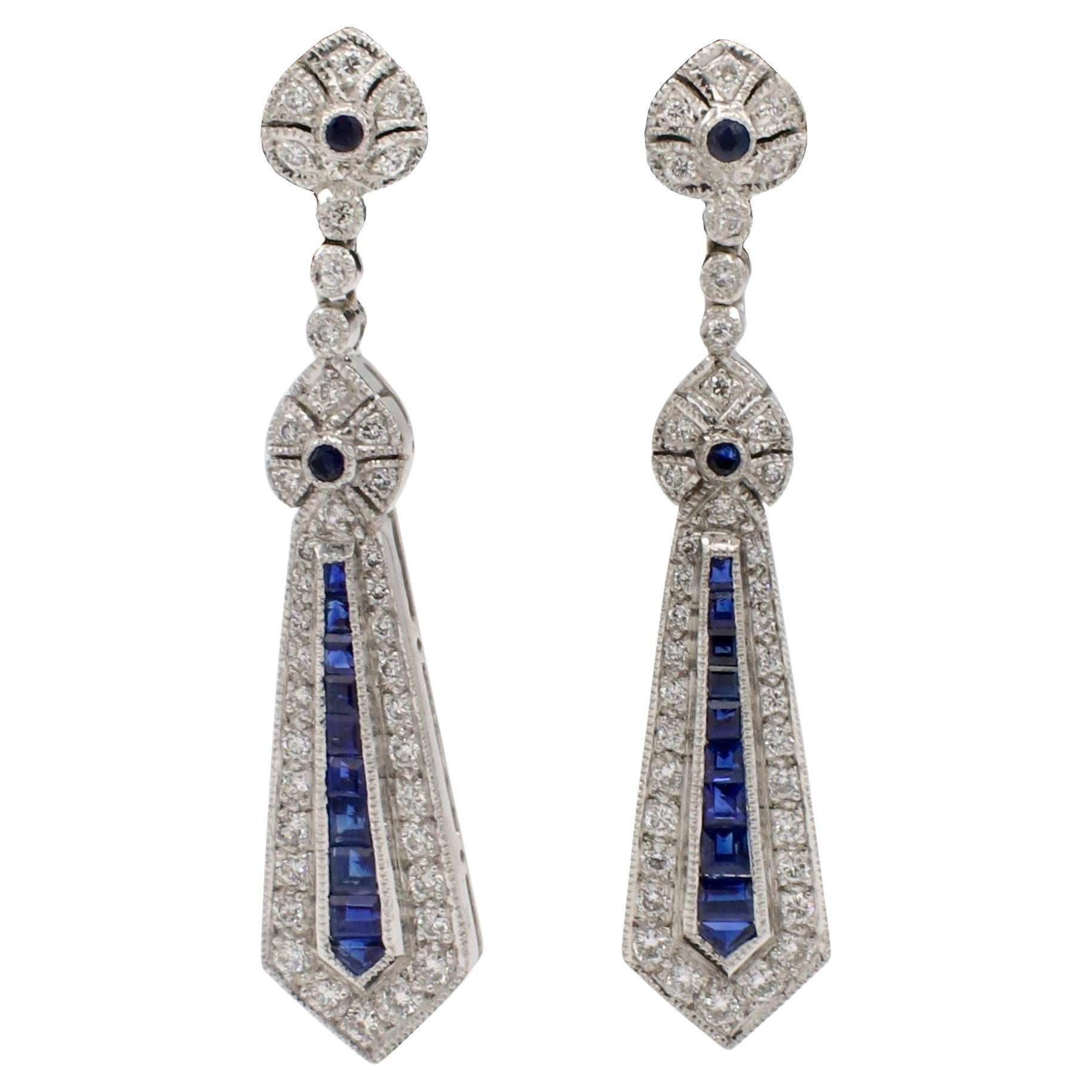 18 Karat White Gold Natural Diamond & Blue Sapphire Dangle Drop Earrings For Sale
