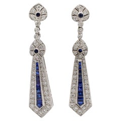 18 Karat White Gold Natural Diamond & Blue Sapphire Dangle Drop Earrings