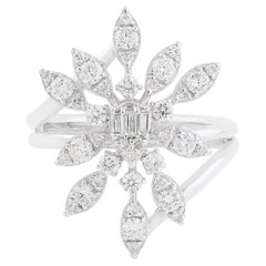 Bague de fiançailles de mariage à fleurs en or blanc 18 carats avec diamants naturels pavés