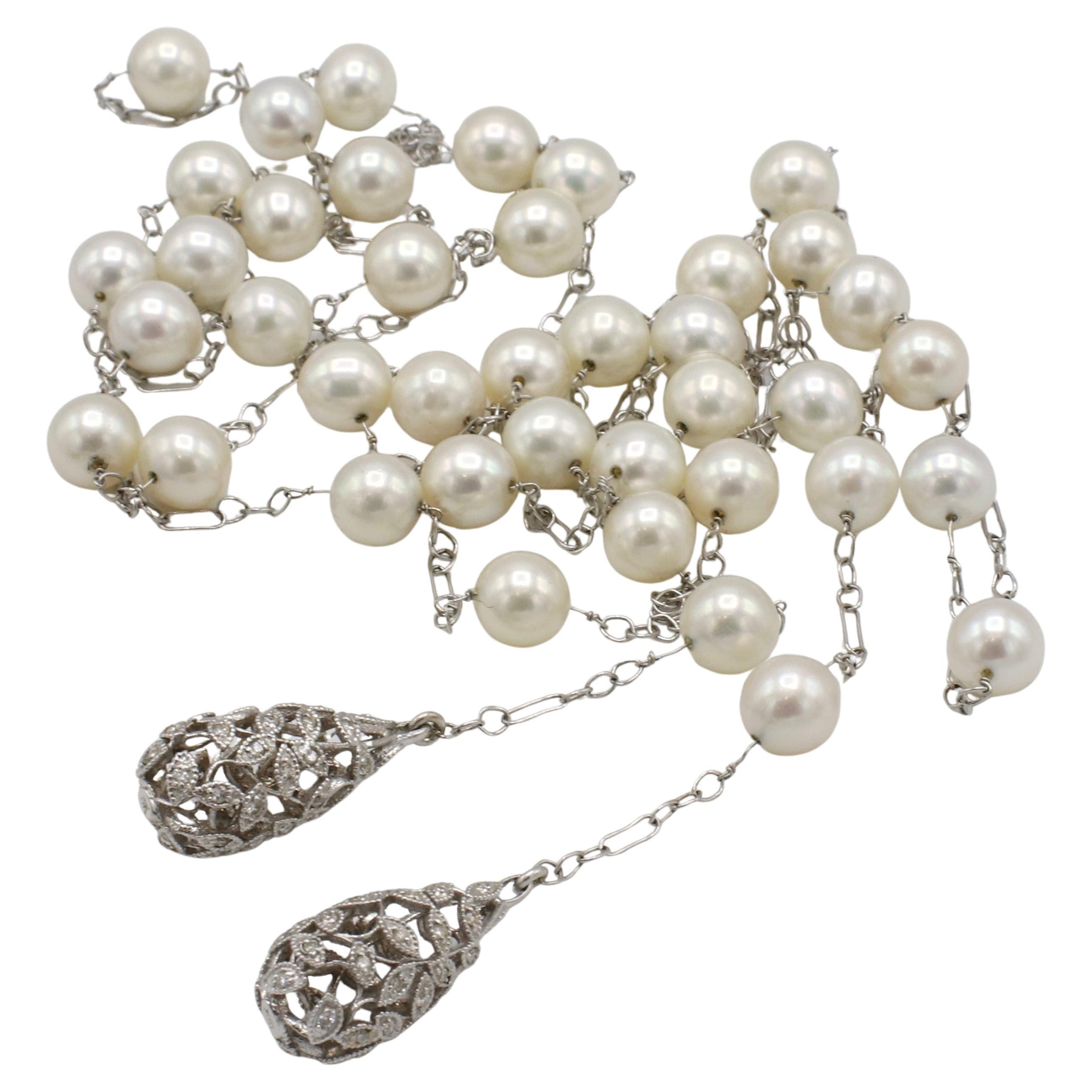 Modern 18 Karat White Gold Natural Diamond & Pearl Lariat Drop Necklace 45 Inches For Sale