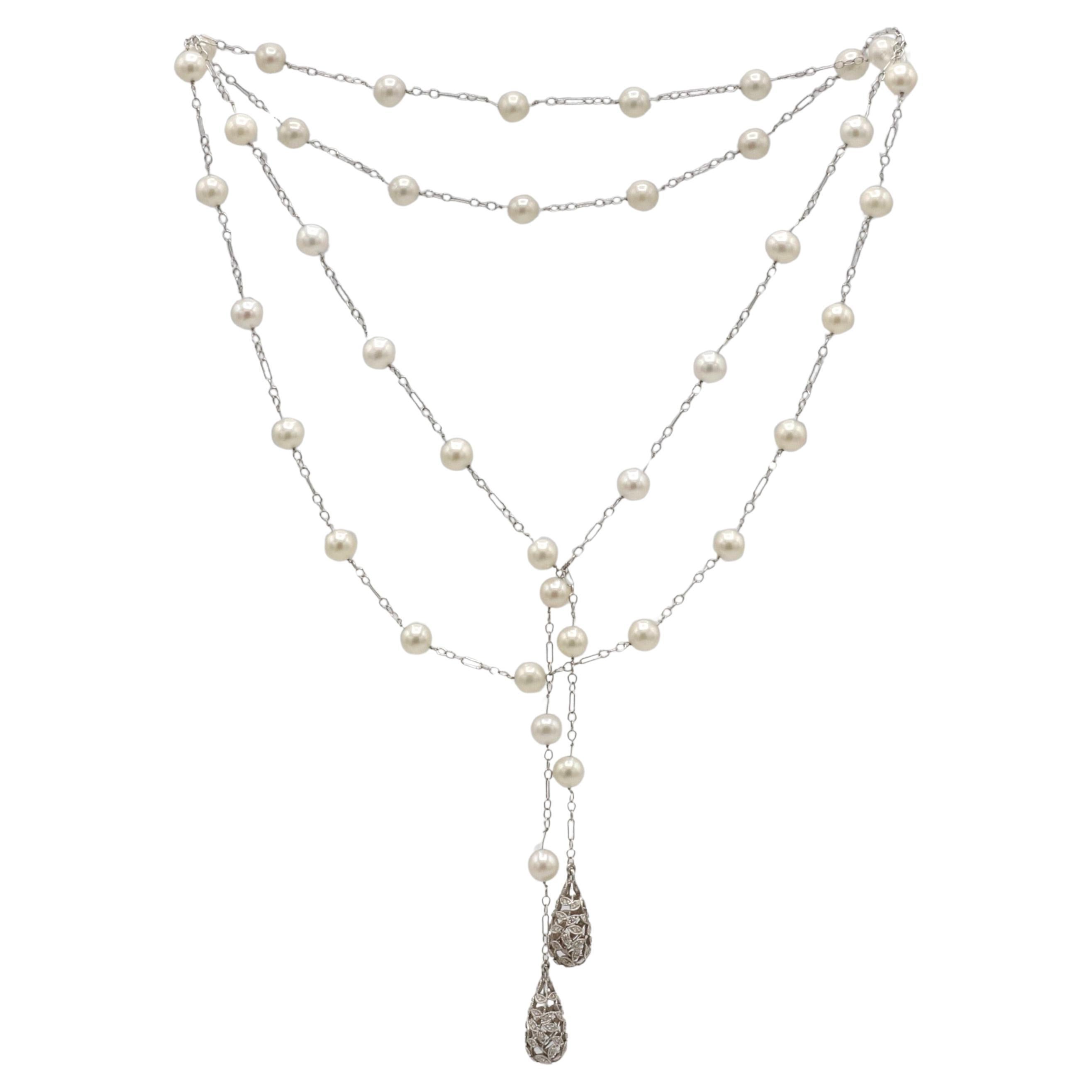 18 Karat White Gold Natural Diamond & Pearl Lariat Drop Necklace 45 Inches For Sale