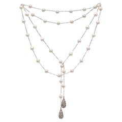 Collier Lariat en or blanc 18 carats avec diamants naturels et perles 45 pouces