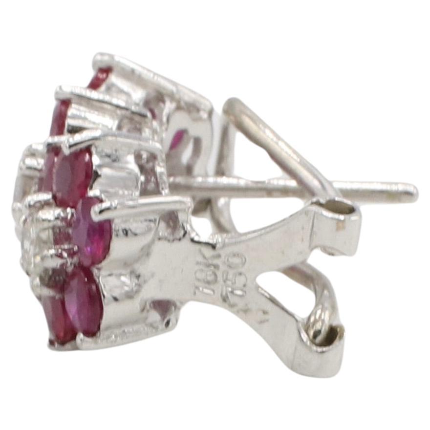 Modern 18 Karat White Gold Natural Diamond & Ruby Flower Earrings For Sale