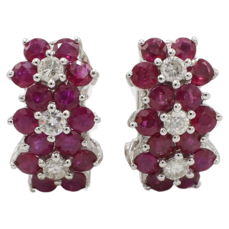 18 Karat White Gold Natural Diamond & Ruby Flower Earrings
