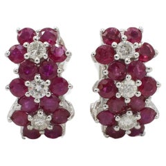18 Karat White Gold Natural Diamond & Ruby Flower Earrings