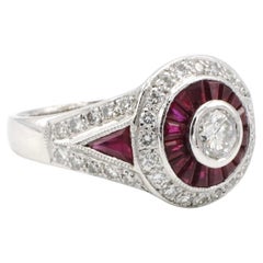 18 Karat White Gold Natural Diamond & Ruby Halo Cocktail Statement Ring
