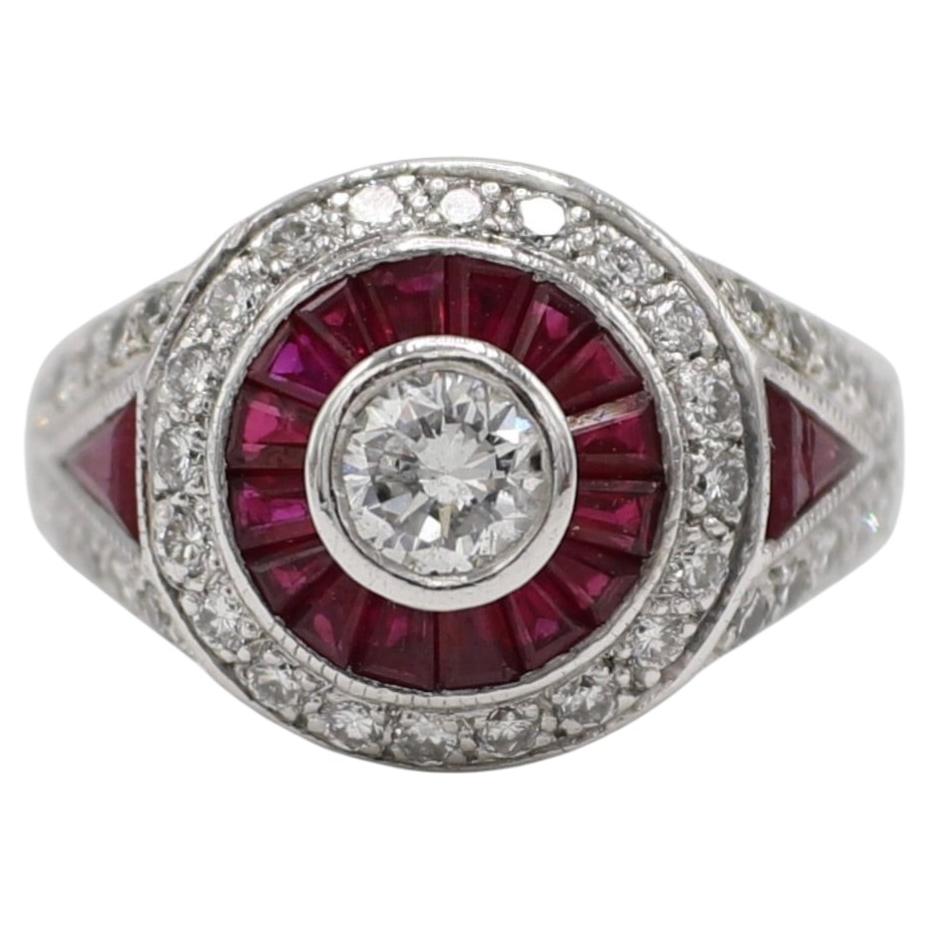 18 Karat White Gold Natural Diamond & Ruby Halo Cocktail Statement Ring