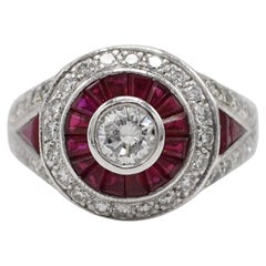 18 Karat White Gold Natural Diamond & Ruby Halo Cocktail Statement Ring