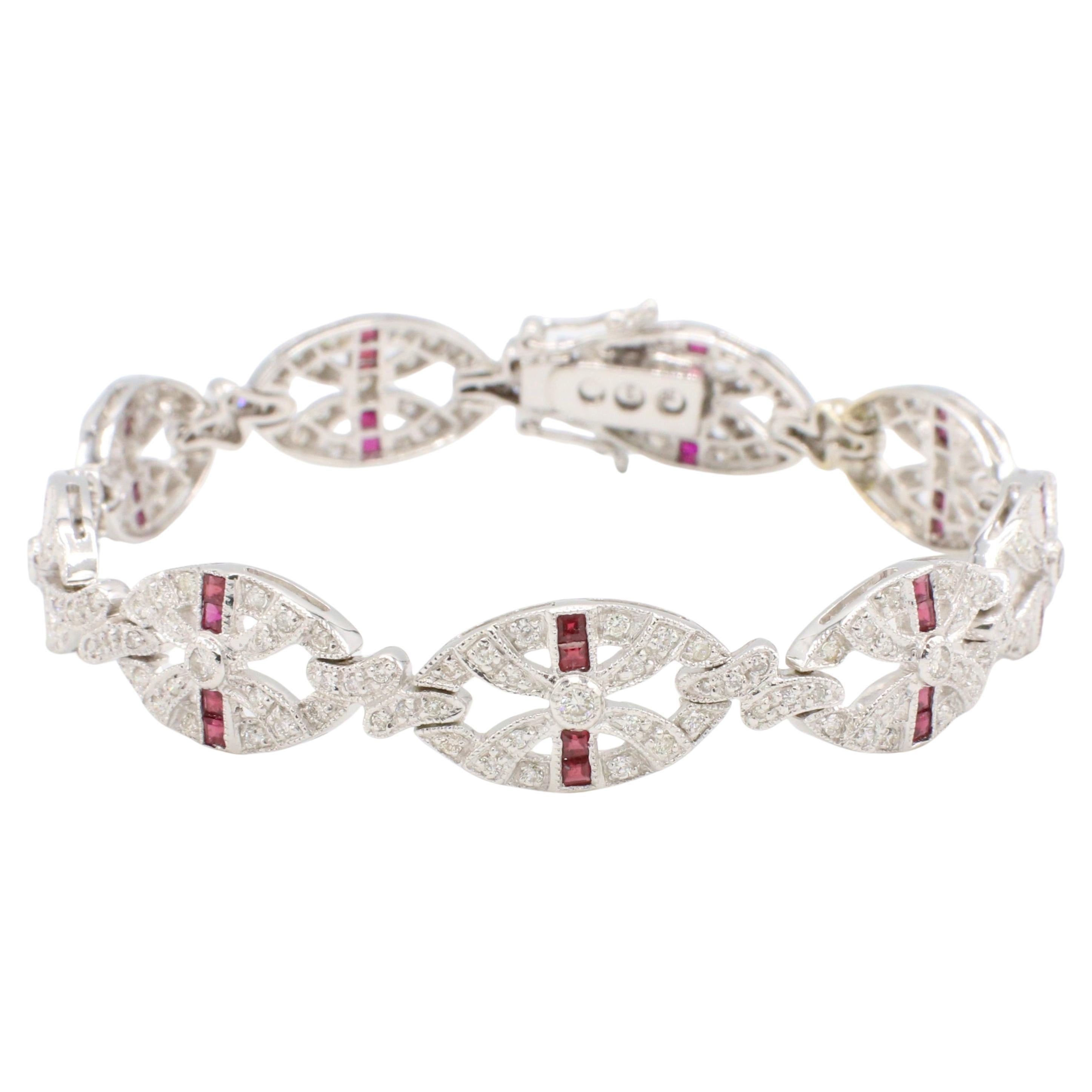 18 Karat White Gold Natural Diamond & Ruby Station Link Bracelet