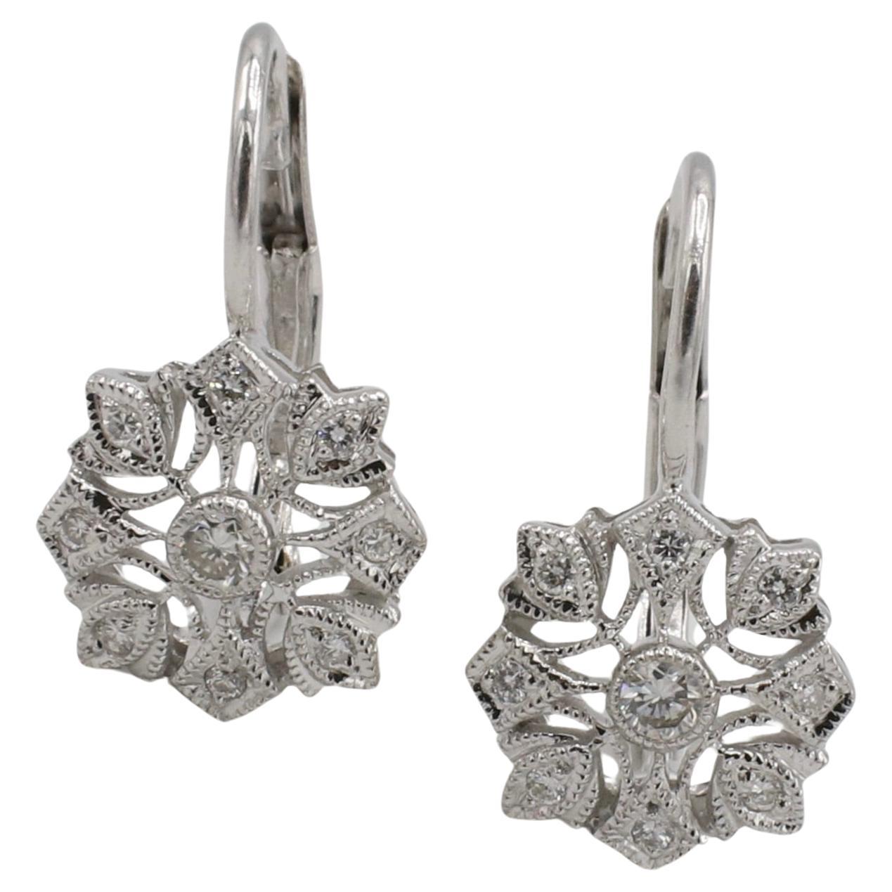 18 Karat White Gold Natural Diamond Snowflake Drop Earrings 