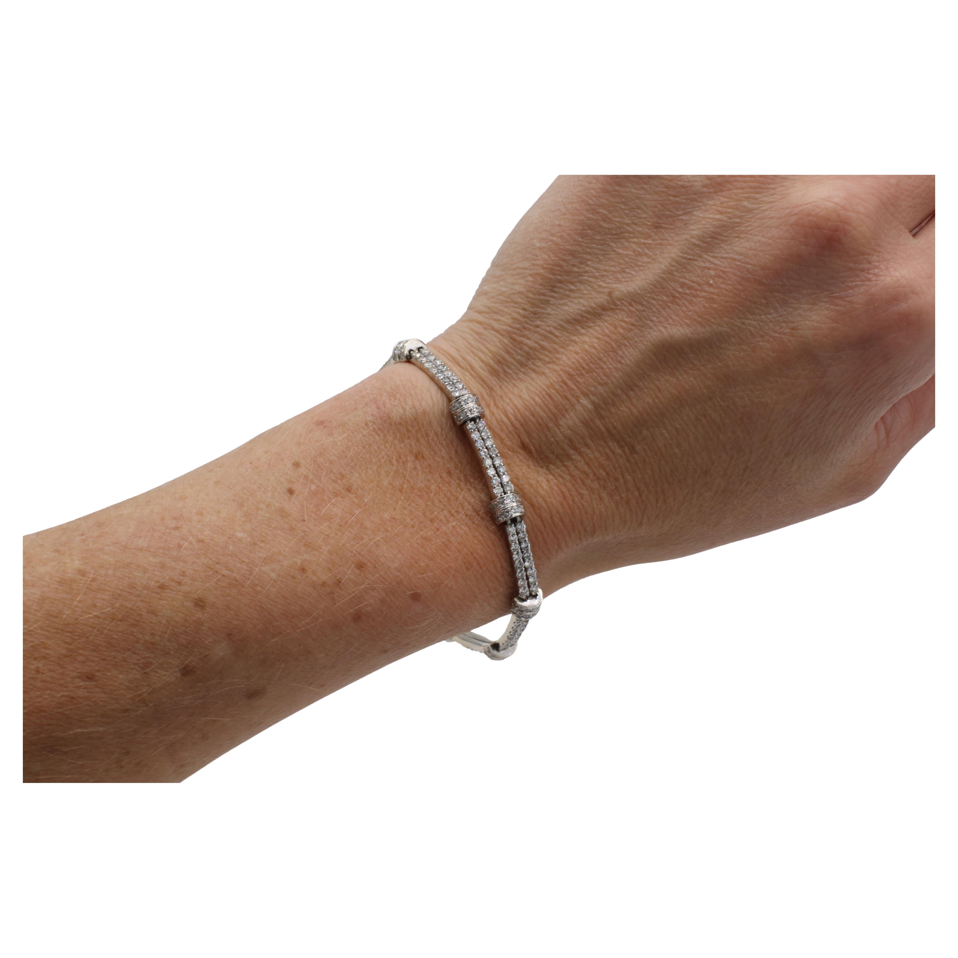 Round Cut 18 Karat White Gold Natural Diamond Two-Row Tennis Line Bracelet For Sale