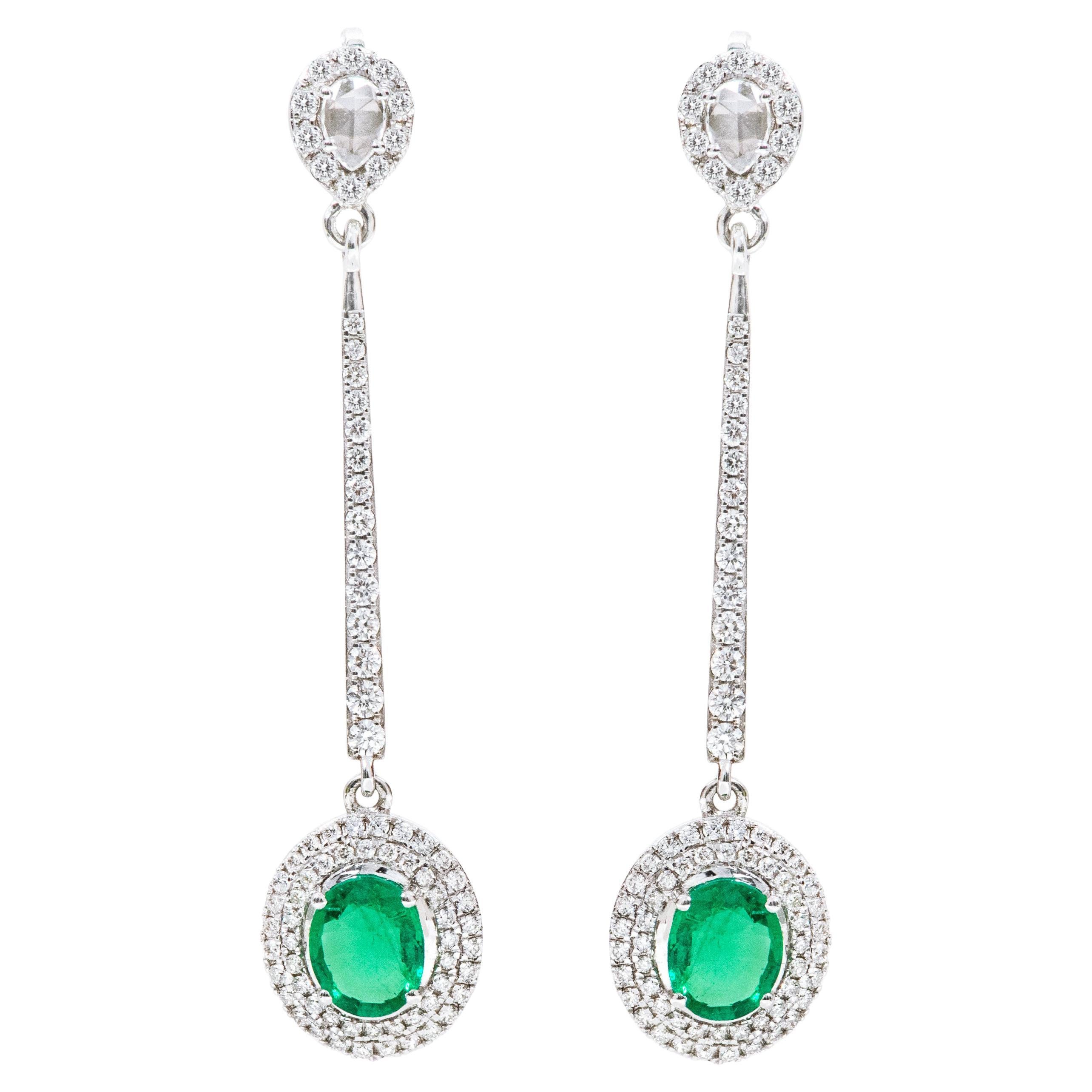 18 Karat White Gold Natural Emerald and Diamond Cluster Dangle Earrings