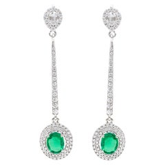 18 Karat White Gold Natural Emerald and Diamond Cluster Dangle Earrings