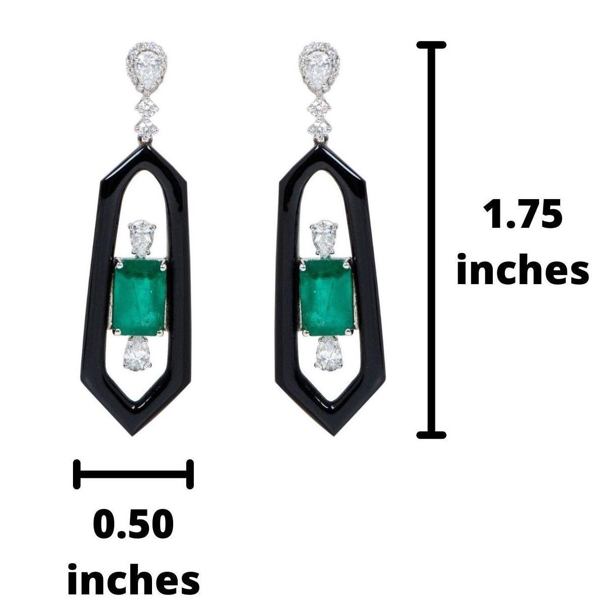 Emerald Cut 18 Karat White Gold Natural Emerald, Diamond, and Black Onyx Dangle Earrings