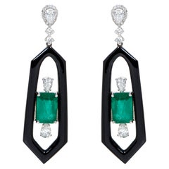 18 Karat White Gold Natural Emerald, Diamond, and Black Onyx Dangle Earrings