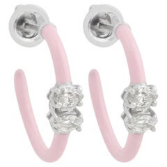 18 Karat White Gold Natural Oval Diamonds Pastel Pink Enamel Hoop Earrings