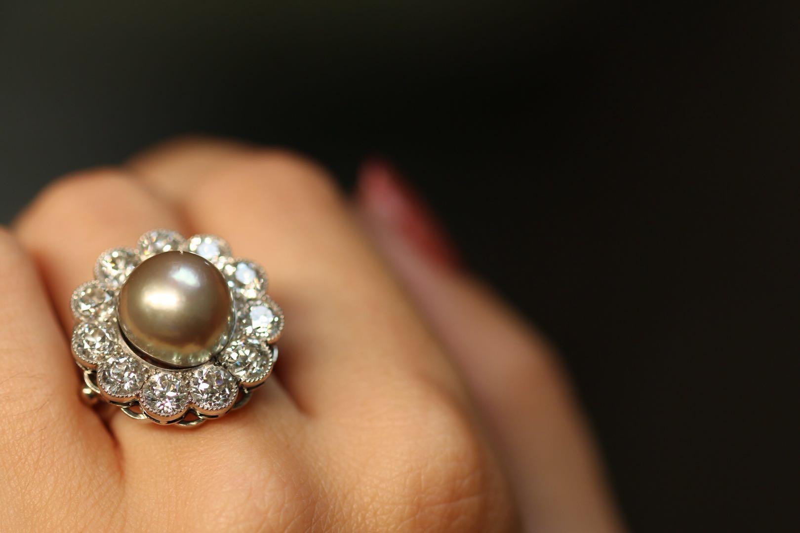 Natural Pearl and Diamond 18 Karat White Gold Ring 7