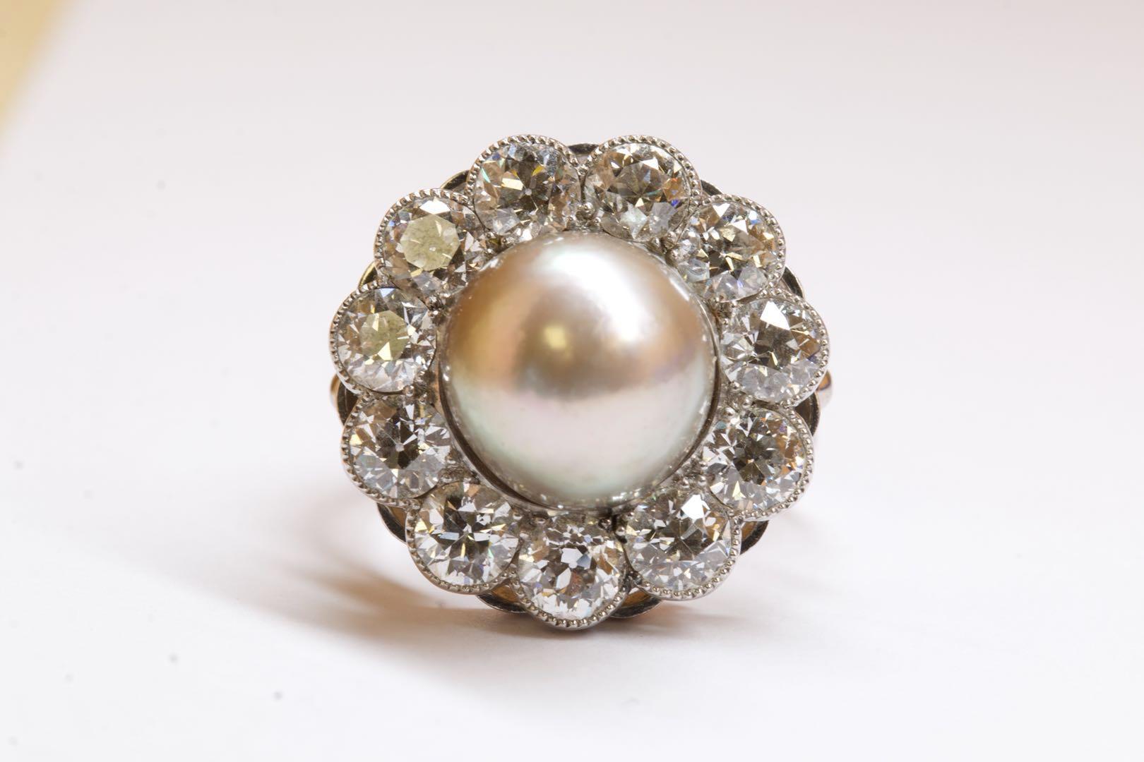 Old European Cut Natural Pearl and Diamond 18 Karat White Gold Ring