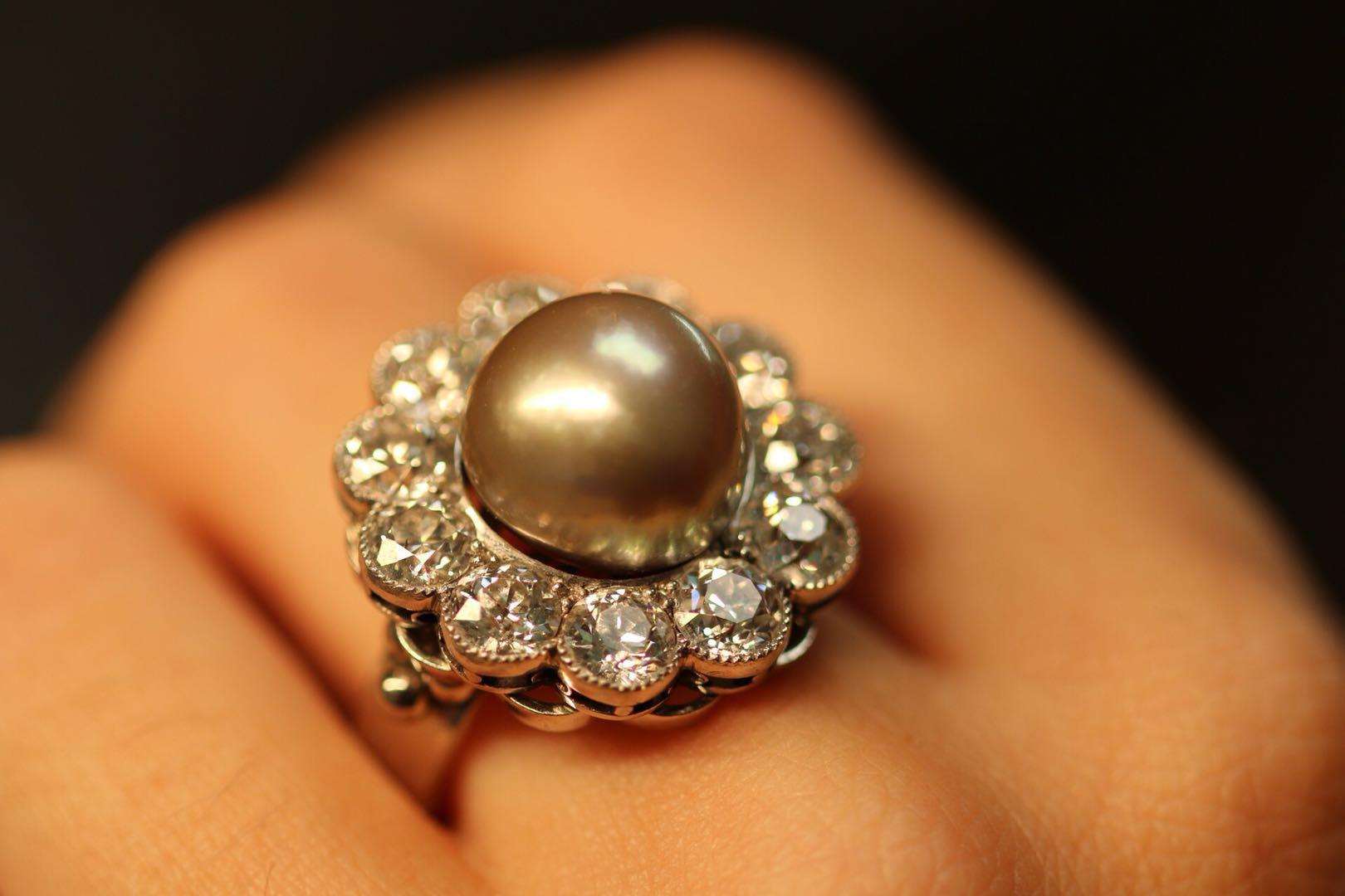 Women's Natural Pearl and Diamond 18 Karat White Gold Ring