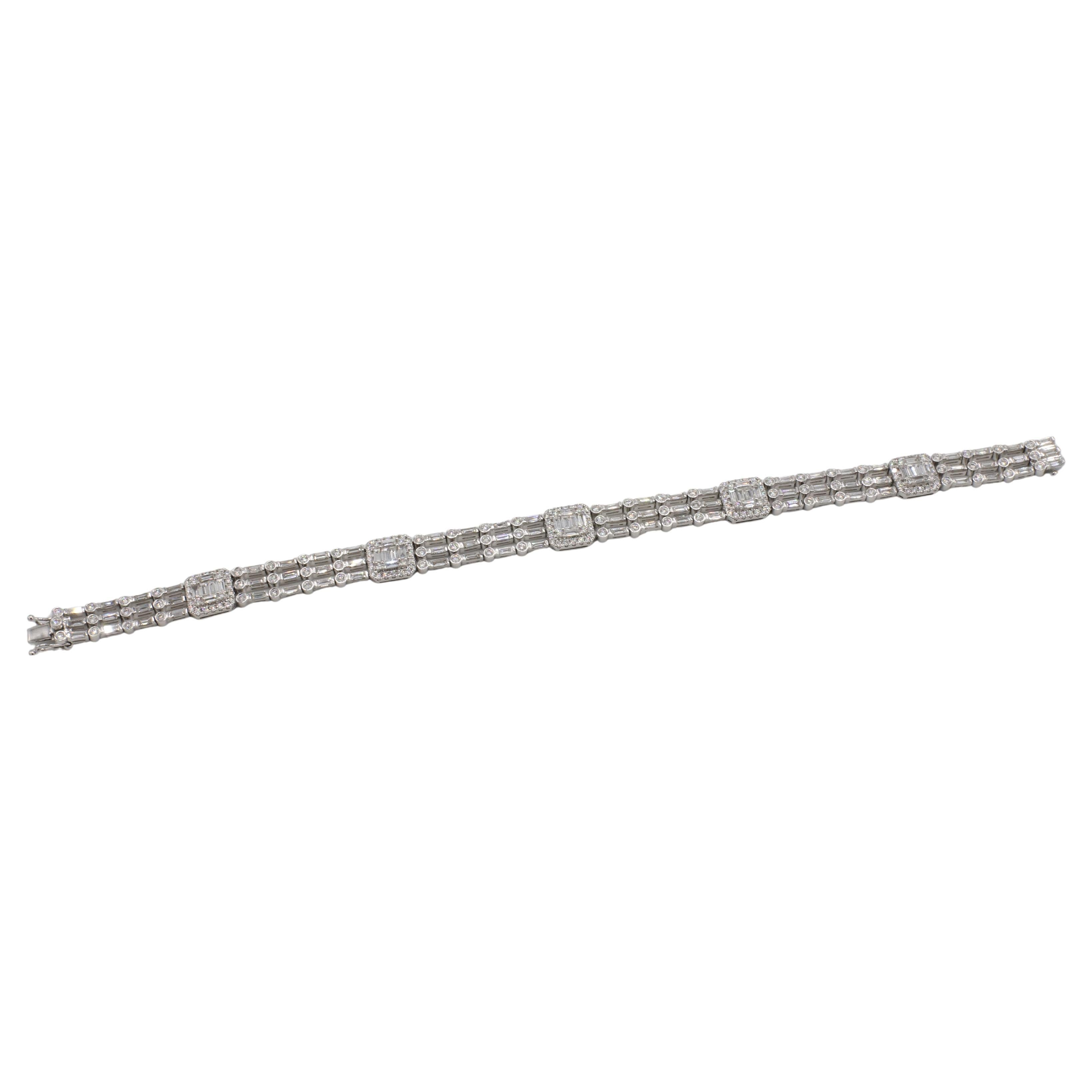 Modern 18 Karat White Gold Natural Round & Baguette Diamond Three-Row Tennis Bracelet For Sale