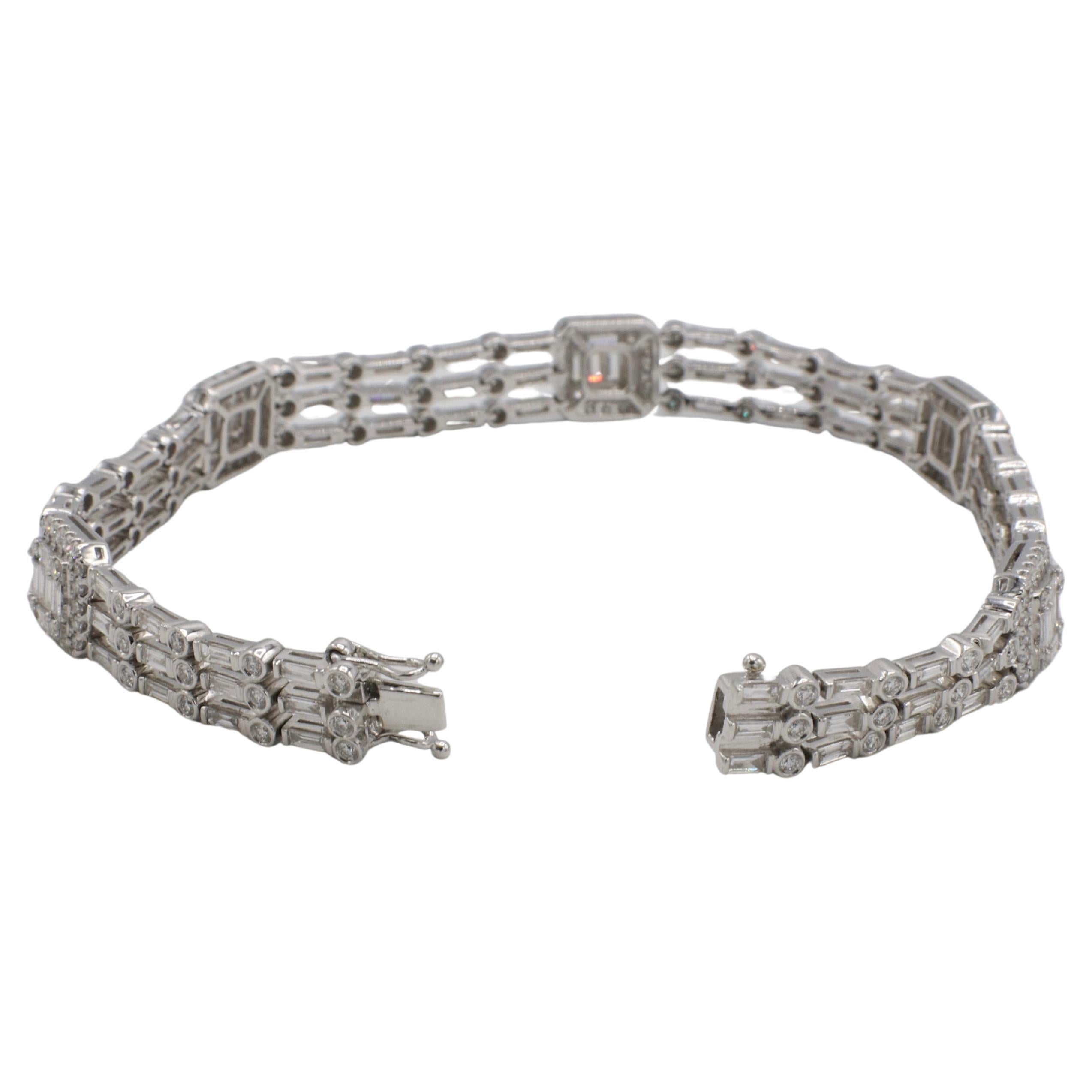 Round Cut 18 Karat White Gold Natural Round & Baguette Diamond Three-Row Tennis Bracelet For Sale