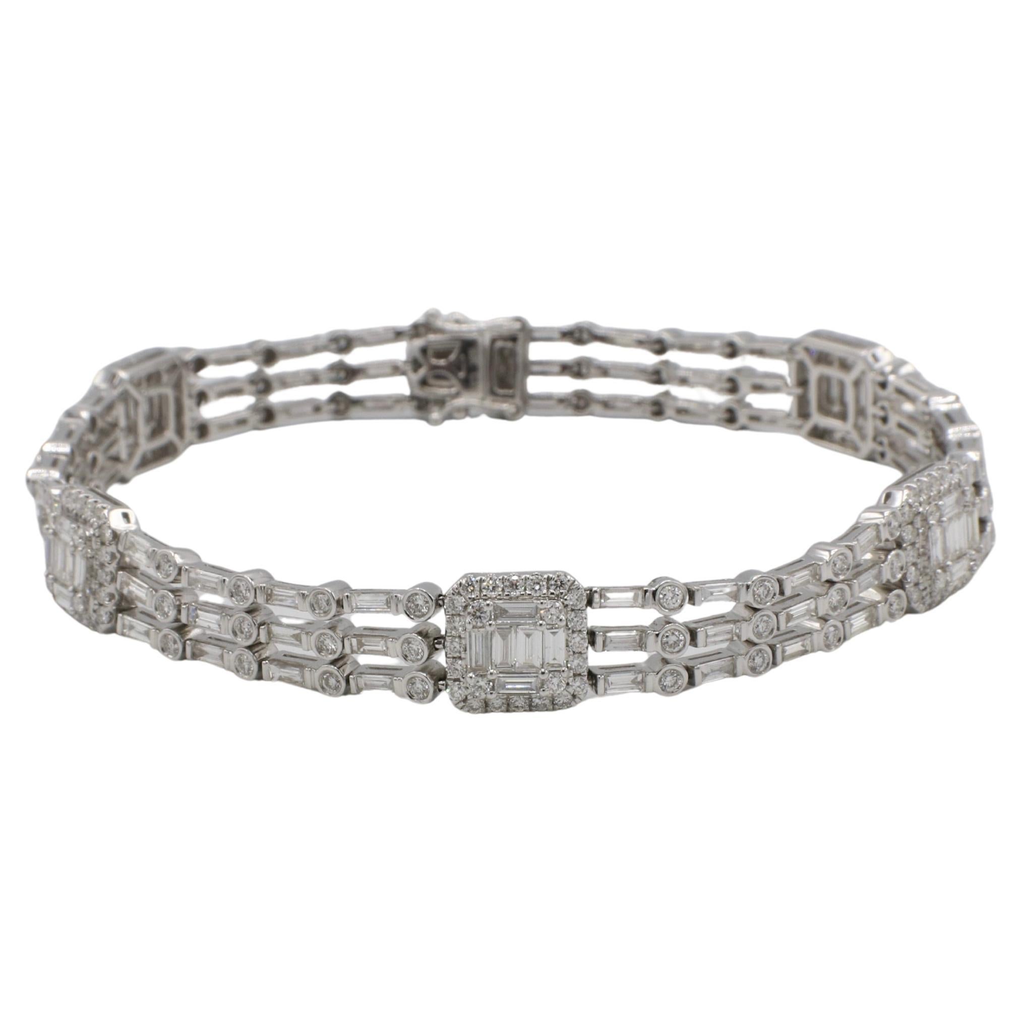 18 Karat White Gold Natural Round & Baguette Diamond Three-Row Tennis Bracelet