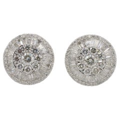 18 Karat White Gold Natural Round & Baguette Halo Cluster Stud Earrings