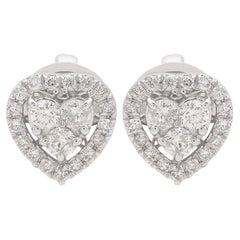 18 Karat White Gold Natural Round Diamond Heart Cluster Halo Stud Earrings