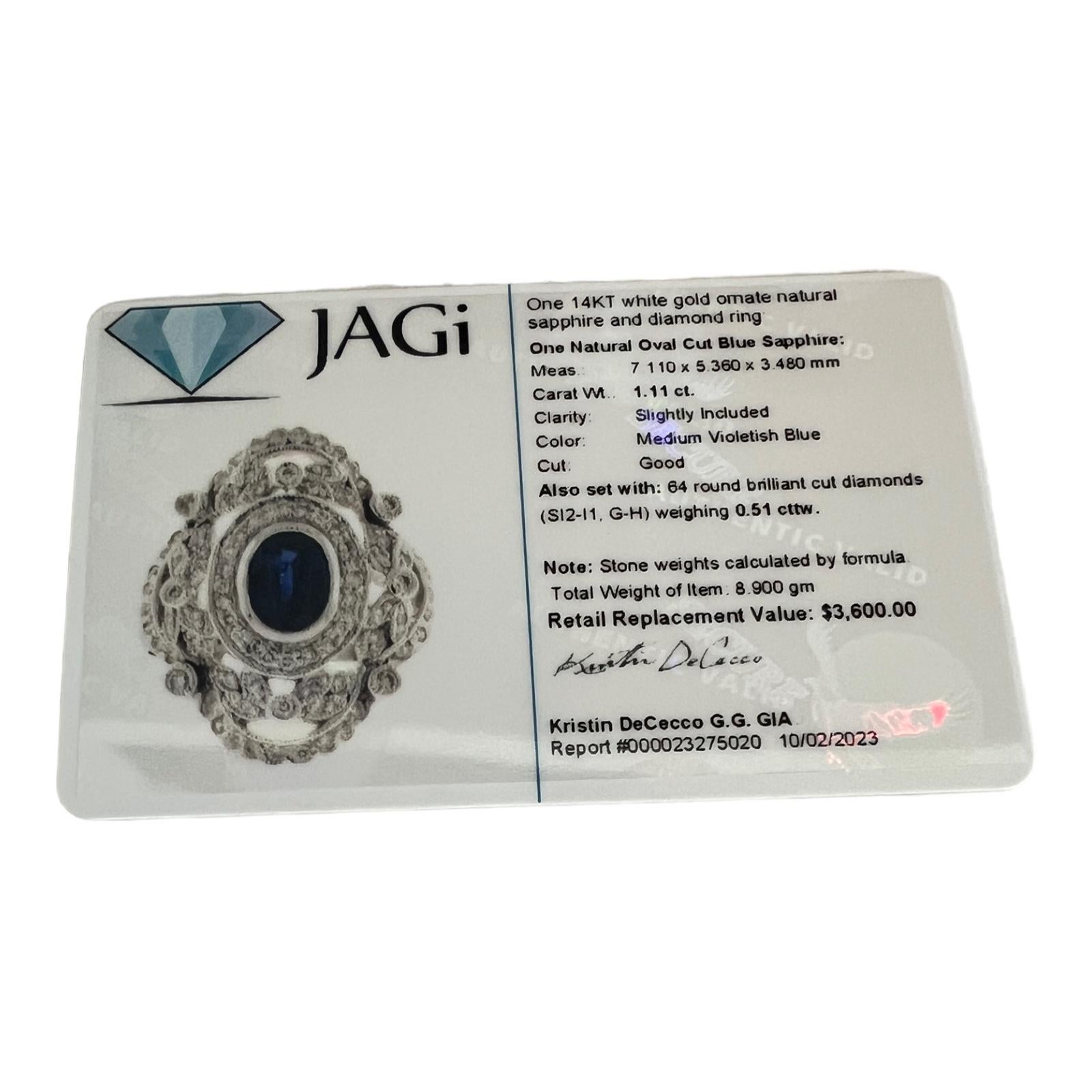 18 Karat White Gold Natural Sapphire and Diamond Ring For Sale 4