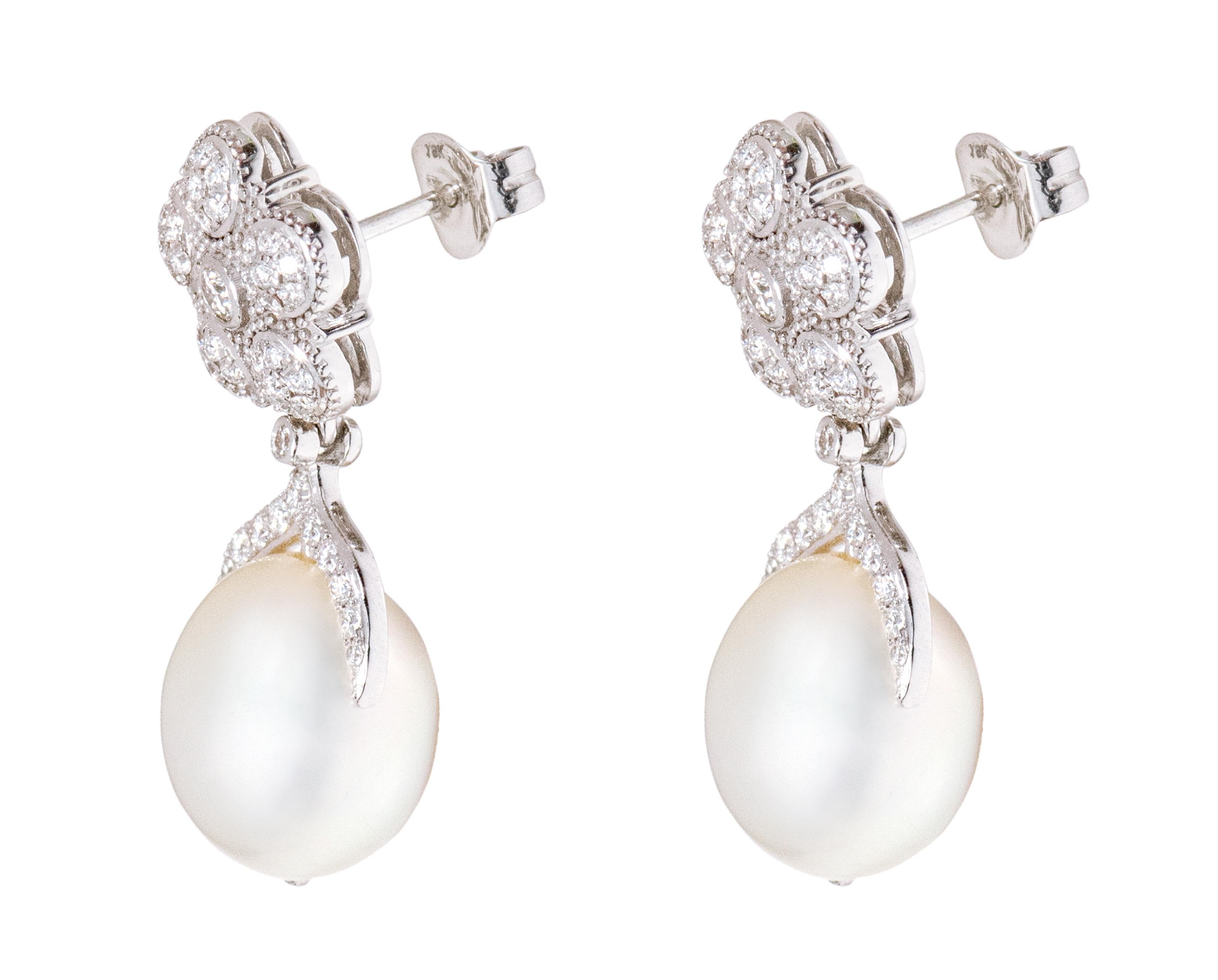 Brilliant Cut 18 Karat White Gold Natural South Sea Pearl and Diamond Drop Earrings  For Sale