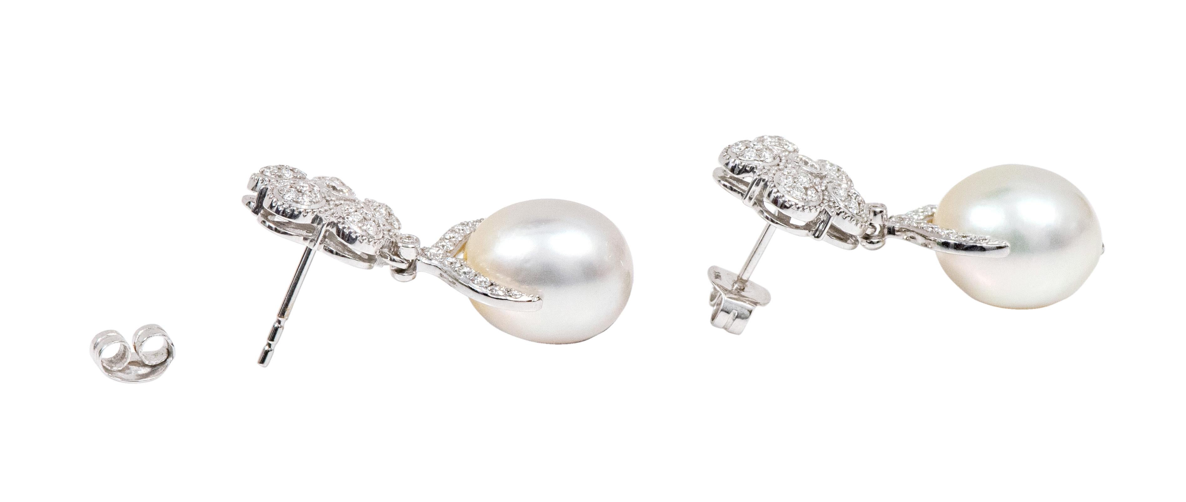 18 Karat White Gold Natural South Sea Pearl and Diamond Drop Earrings  For Sale 2