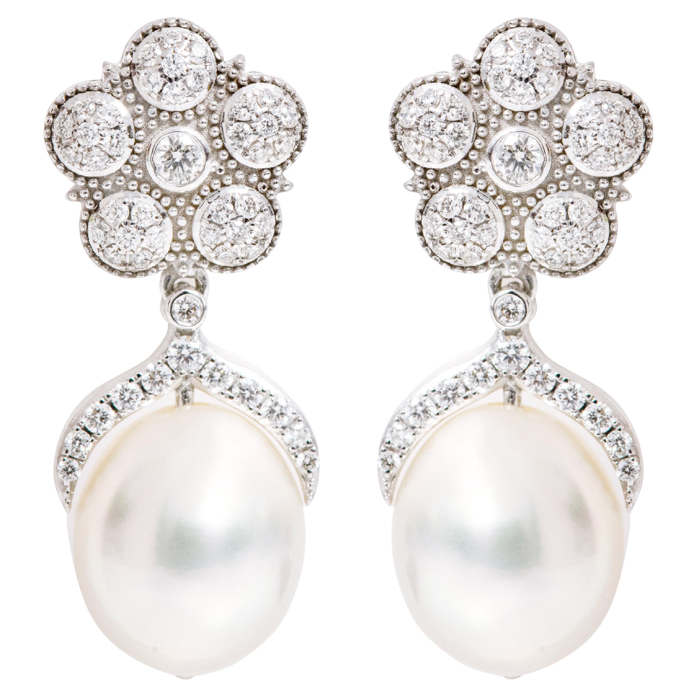 18 Karat White Gold Natural South Sea Pearl and Diamond Drop Earrings