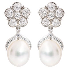 18 Karat White Gold Natural South Sea Pearl and Diamond Drop Earrings 