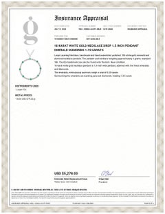 18 Karat White Gold Necklace Drop 1.5 Inch Pendant Emerald Diamonds 1.70 Carats