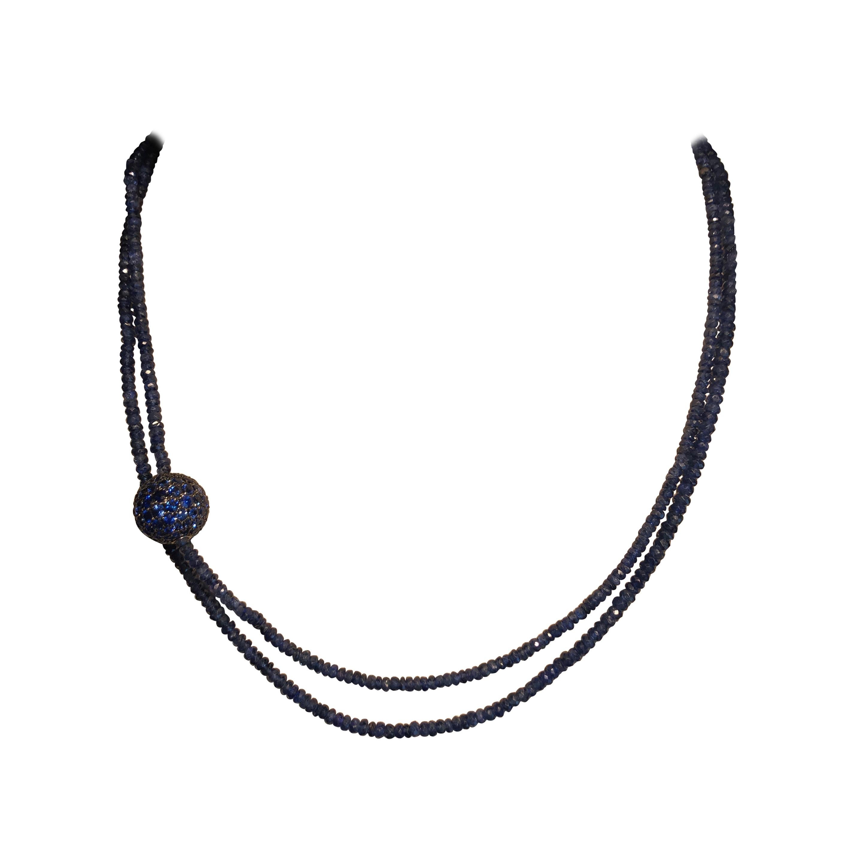 18 Karat White Gold Necklace with Blue Sapphire Beads and Blue Sapphire Ball For Sale