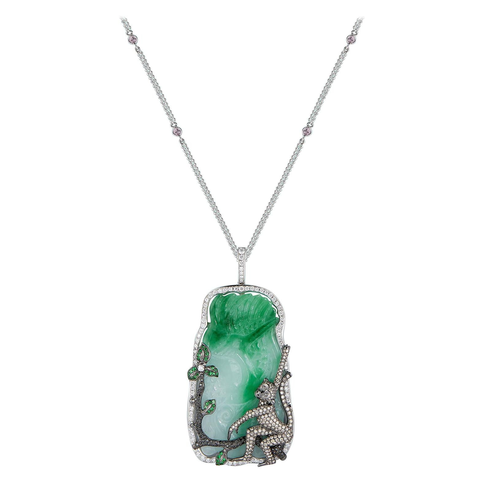 18 Karat White Gold Necklace with Diamond-Encrusted Monkey on Jade Pendant