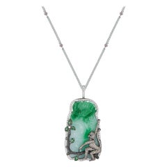 18 Karat White Gold Necklace with Diamond-Encrusted Monkey on Jade Pendant