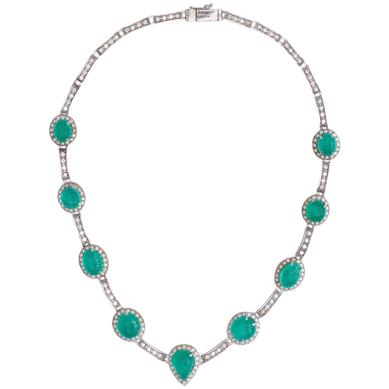 Collier Or Blanc 18 Carats Avec émeraudes Et Diamants - Bijou Occasion De Luxe