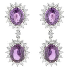 18 Karat White Gold No Heat Purple Sapphire and Diamond Halo Drop Earrings