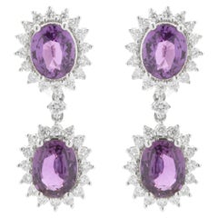 18 Karat White Gold No Heat Purple Sapphire and Diamond Halo Drop Earrings