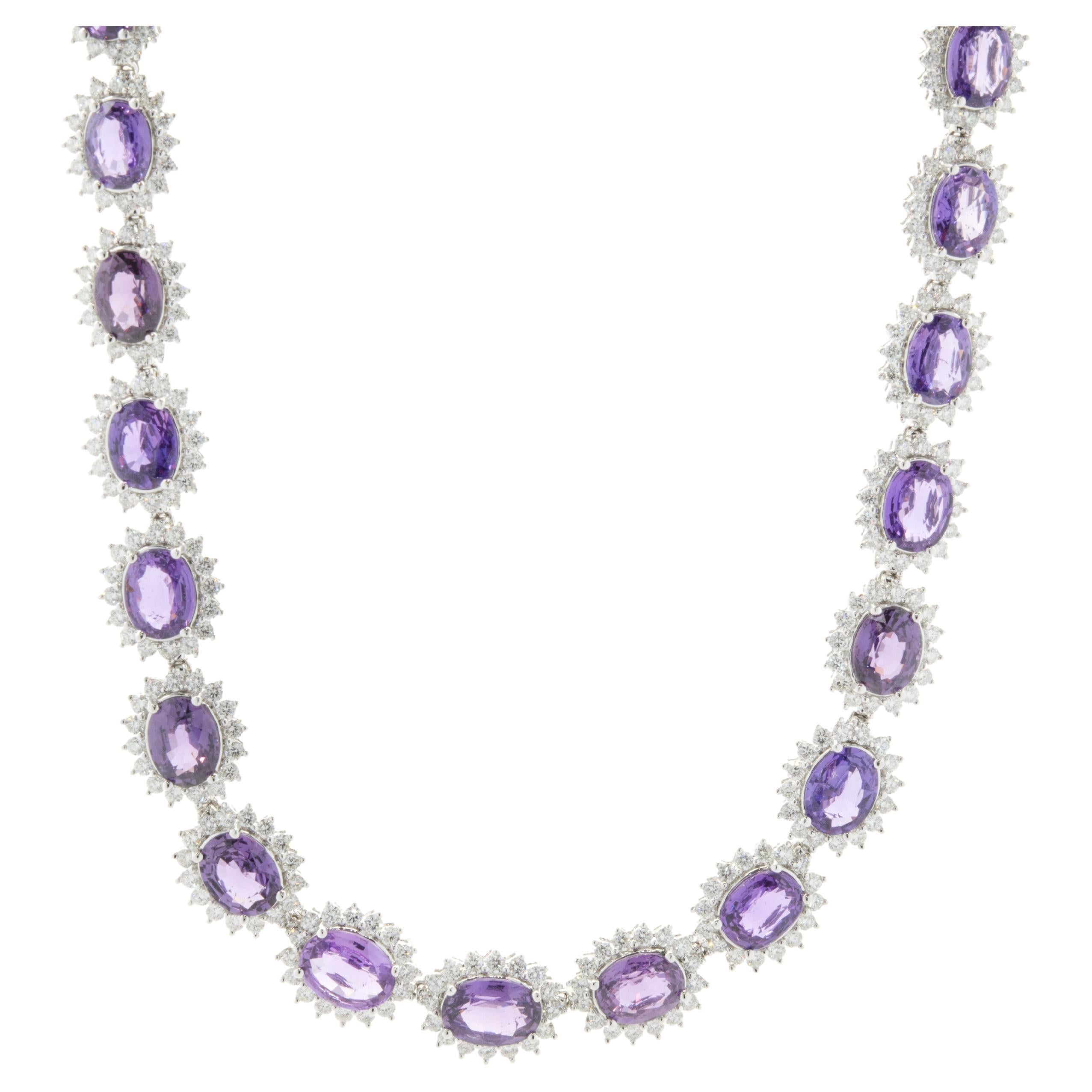 18 Karat White Gold No Heat Purple Sapphire and Diamond Halo Necklace For Sale