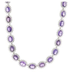 18 Karat White Gold No Heat Purple Sapphire and Diamond Halo Necklace