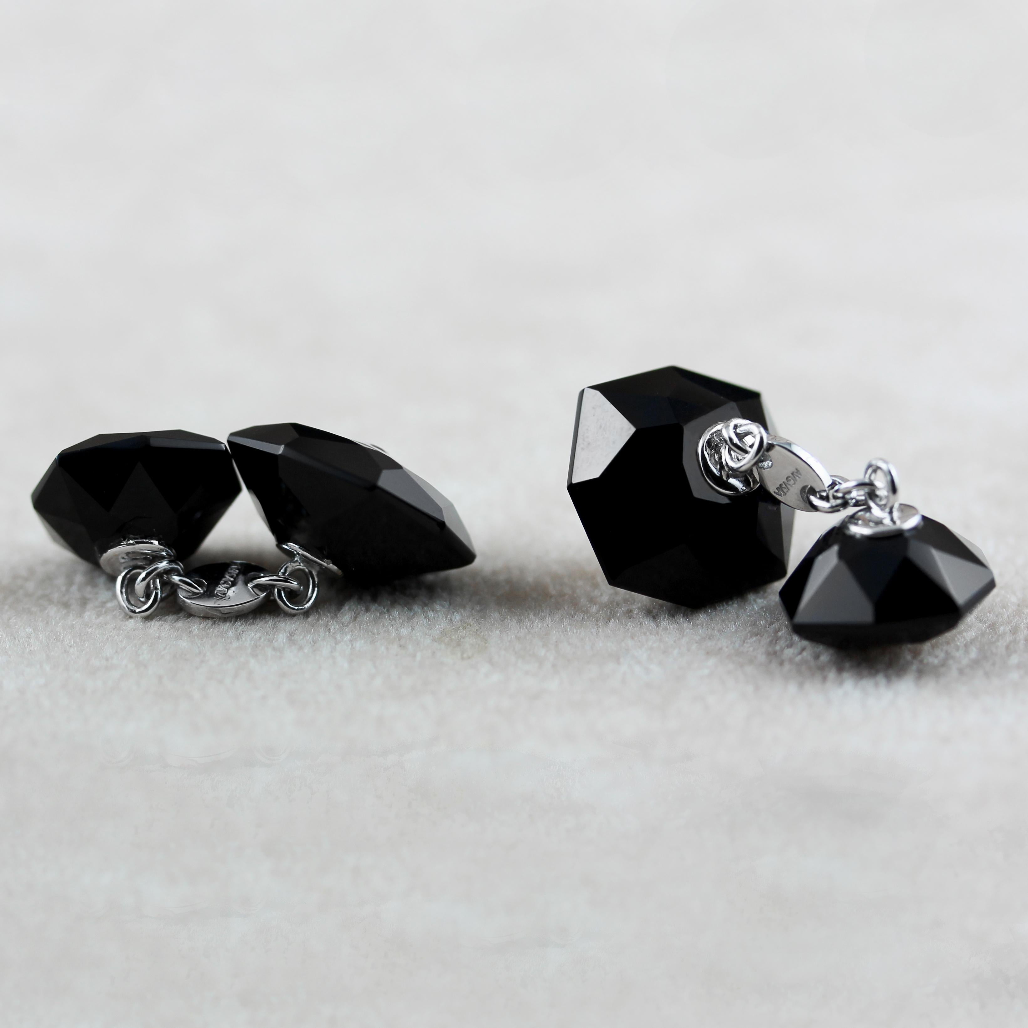 Women's or Men's 18 Karat White Gold Octagonal in Onyx and Mother of Pearl Set Cufflinks Studs