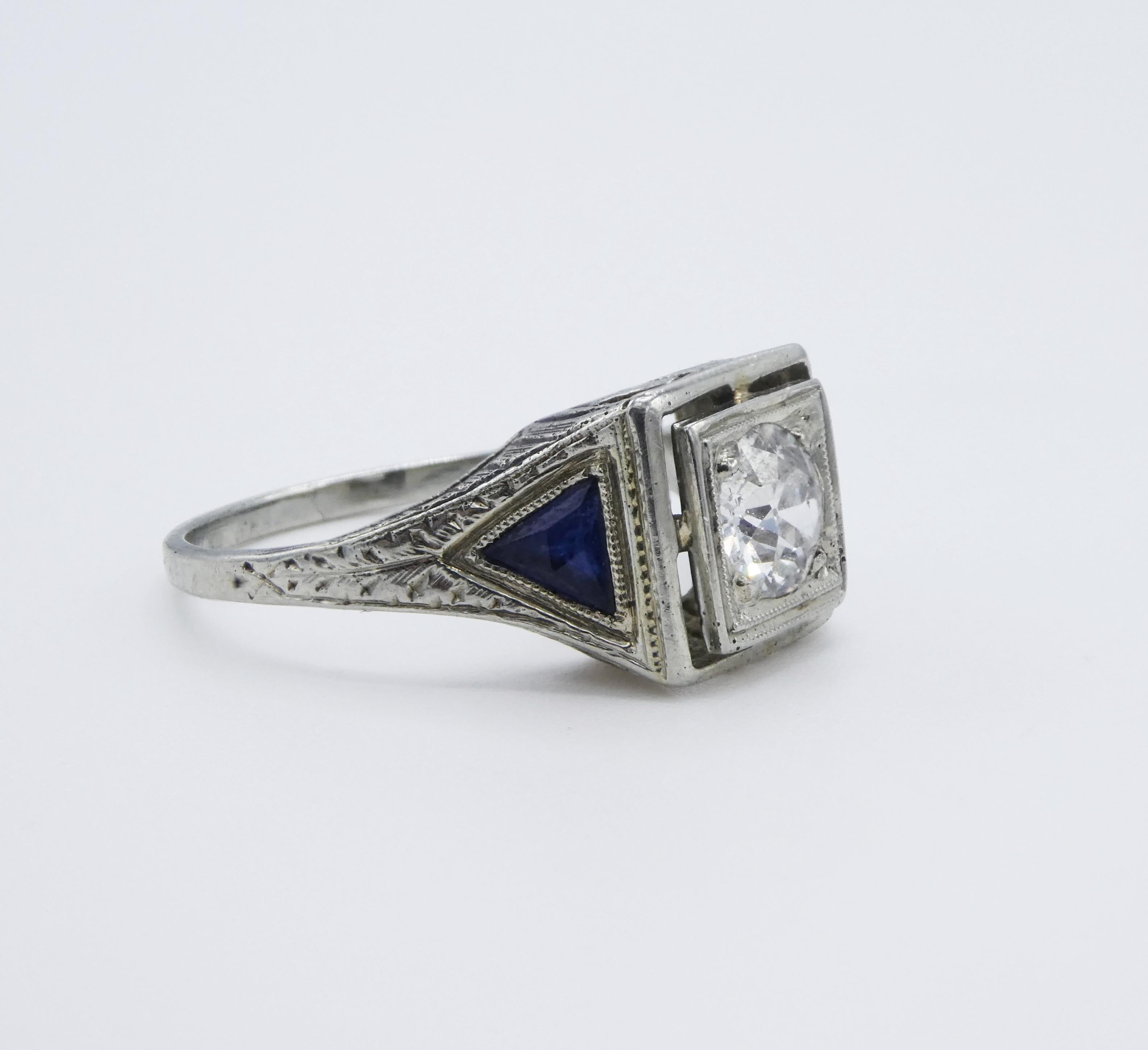 Art Deco 18 Karat White Gold Old European Cut Diamond & Sapphire Engagement Ring