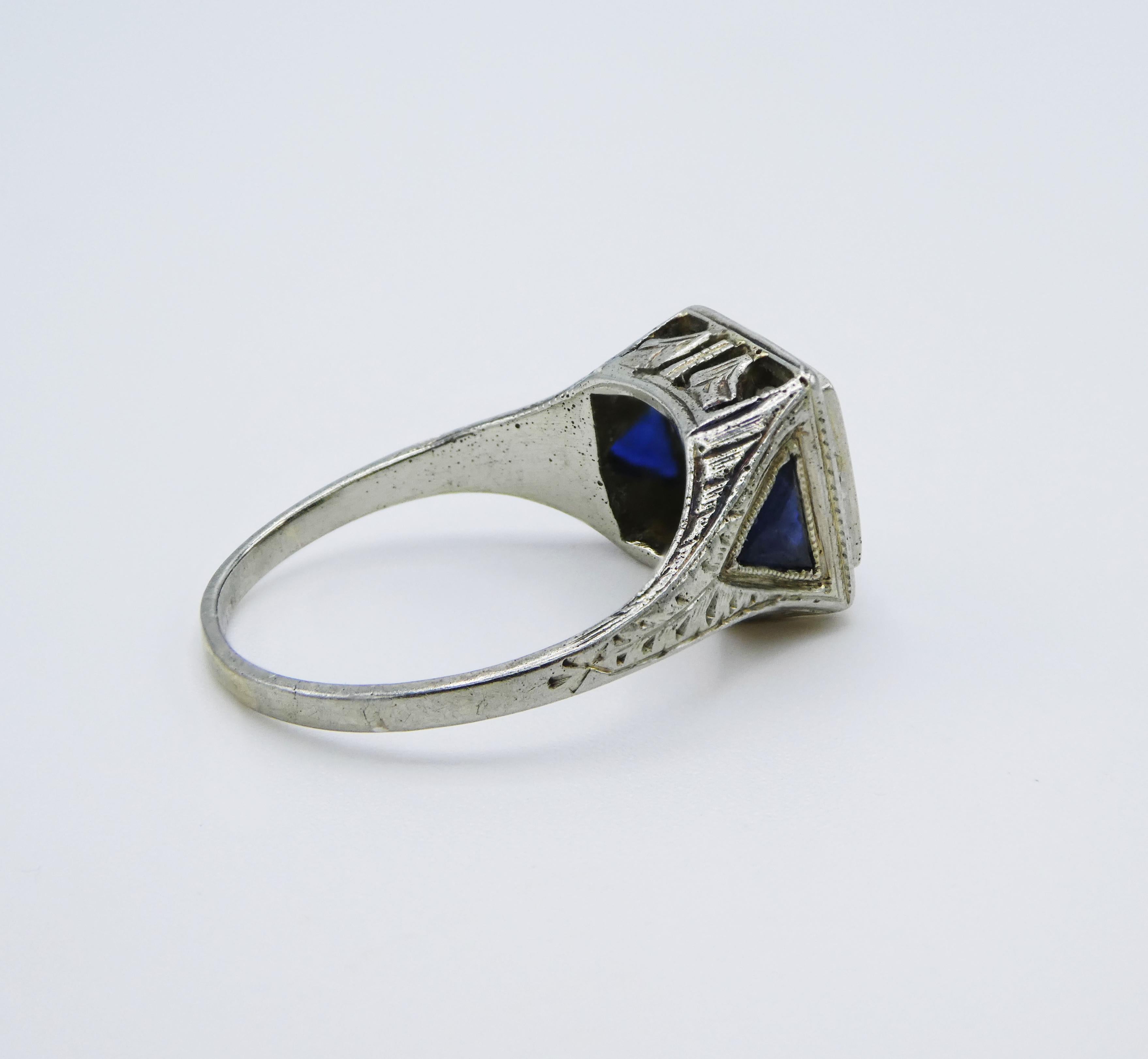 Round Cut 18 Karat White Gold Old European Cut Diamond & Sapphire Engagement Ring