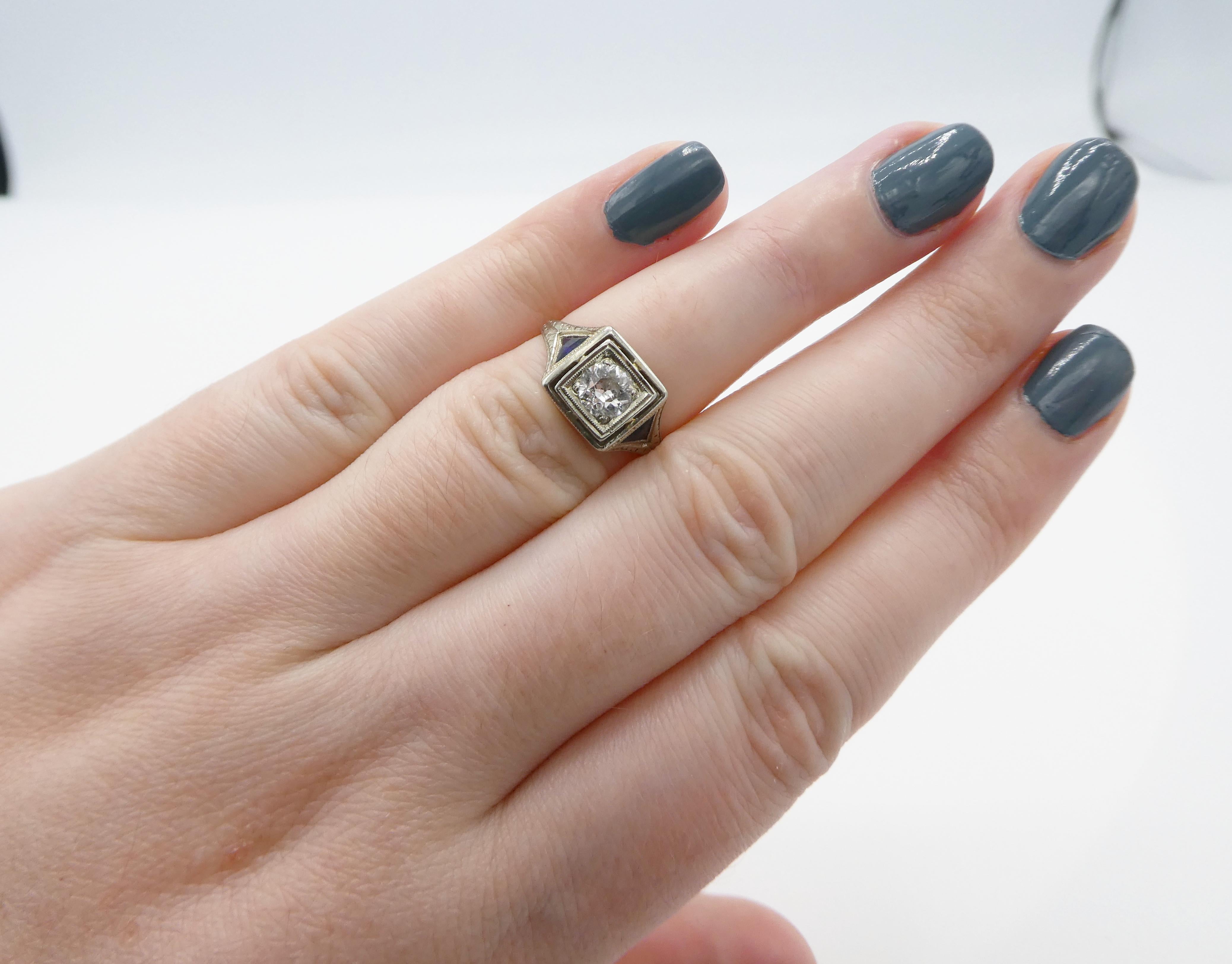18 Karat White Gold Old European Cut Diamond & Sapphire Engagement Ring 1