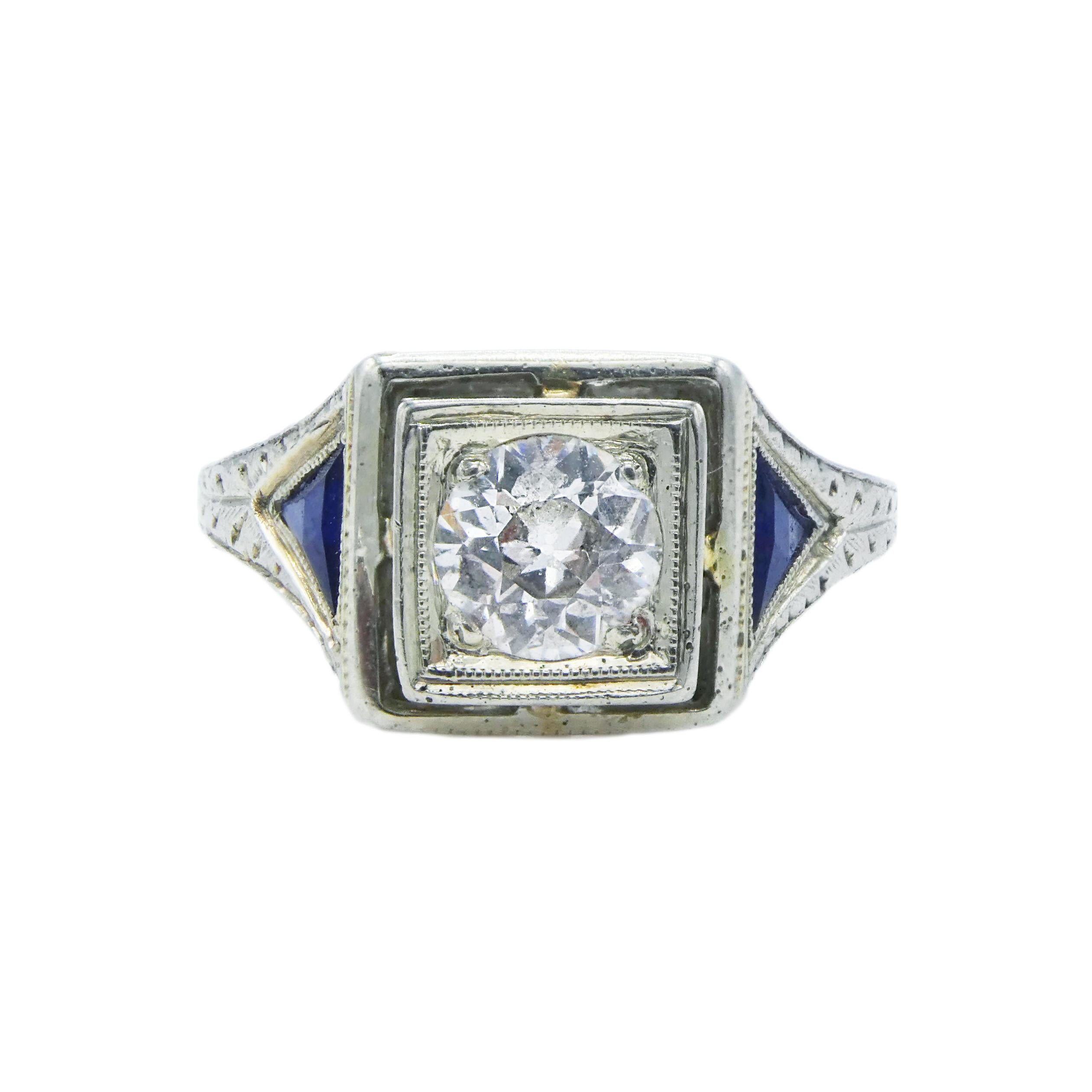 18 Karat White Gold Old European Cut Diamond & Sapphire Engagement Ring
