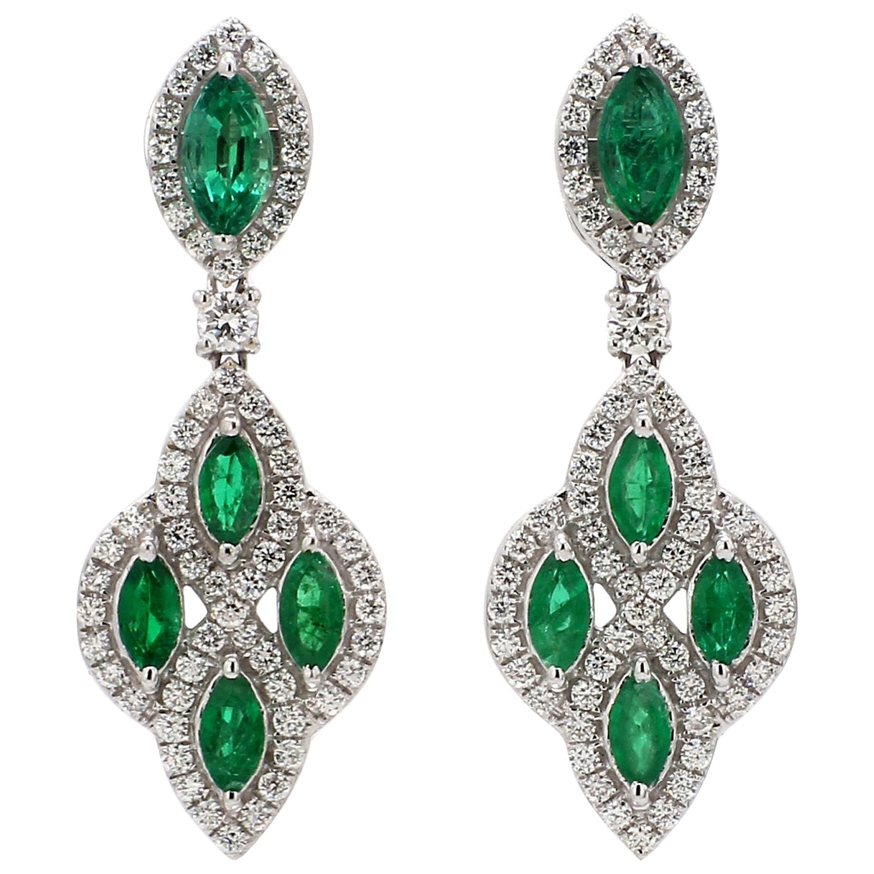 18 Karat White Gold Old Mine Emerald Diamond Cocktail Earring