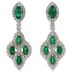 18 Karat White Gold Old Mine Emerald Diamond Cocktail Earring